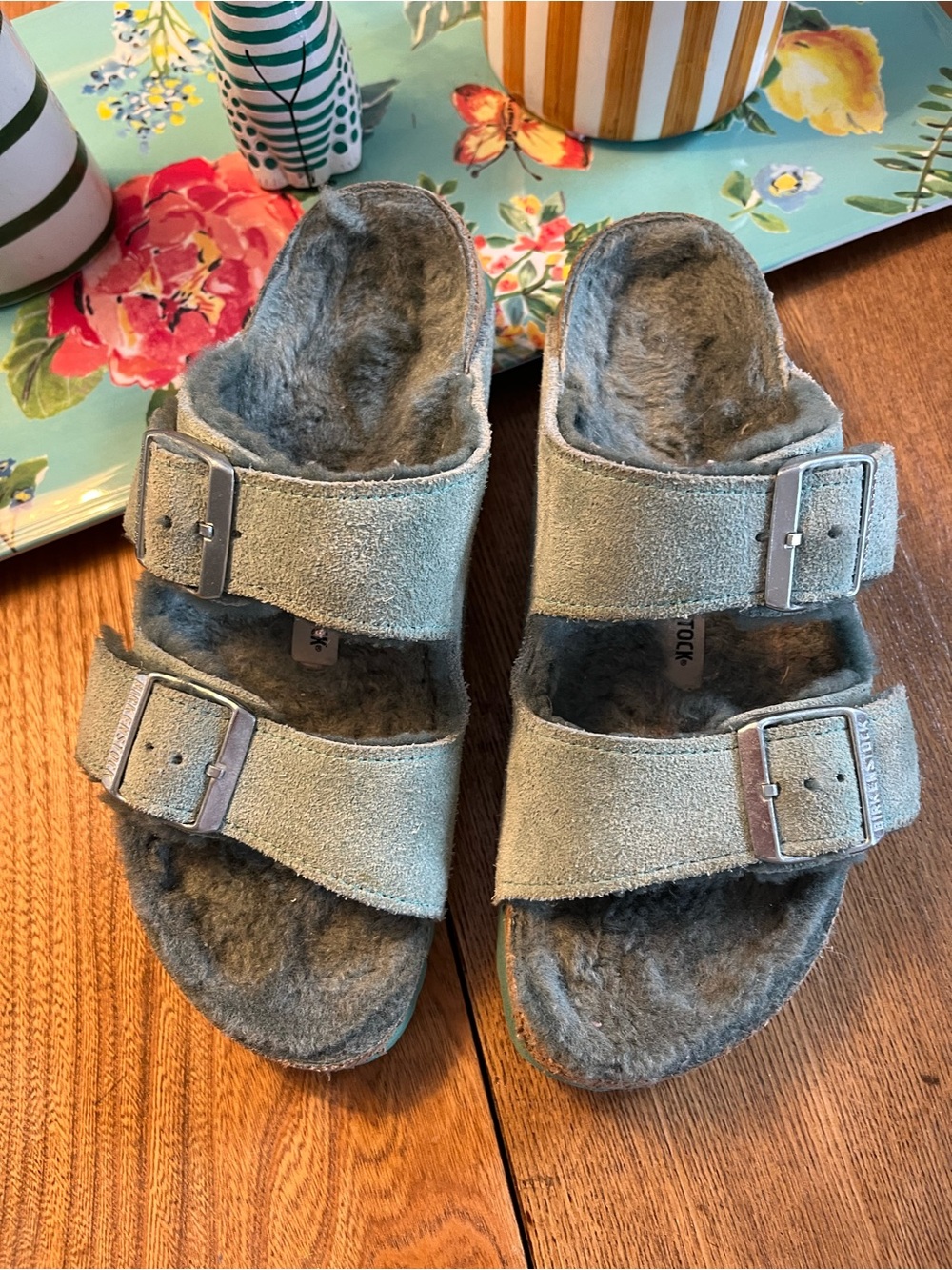Birkenstock Fuzzy Double-Strap Slide Sandals in Sage Blue